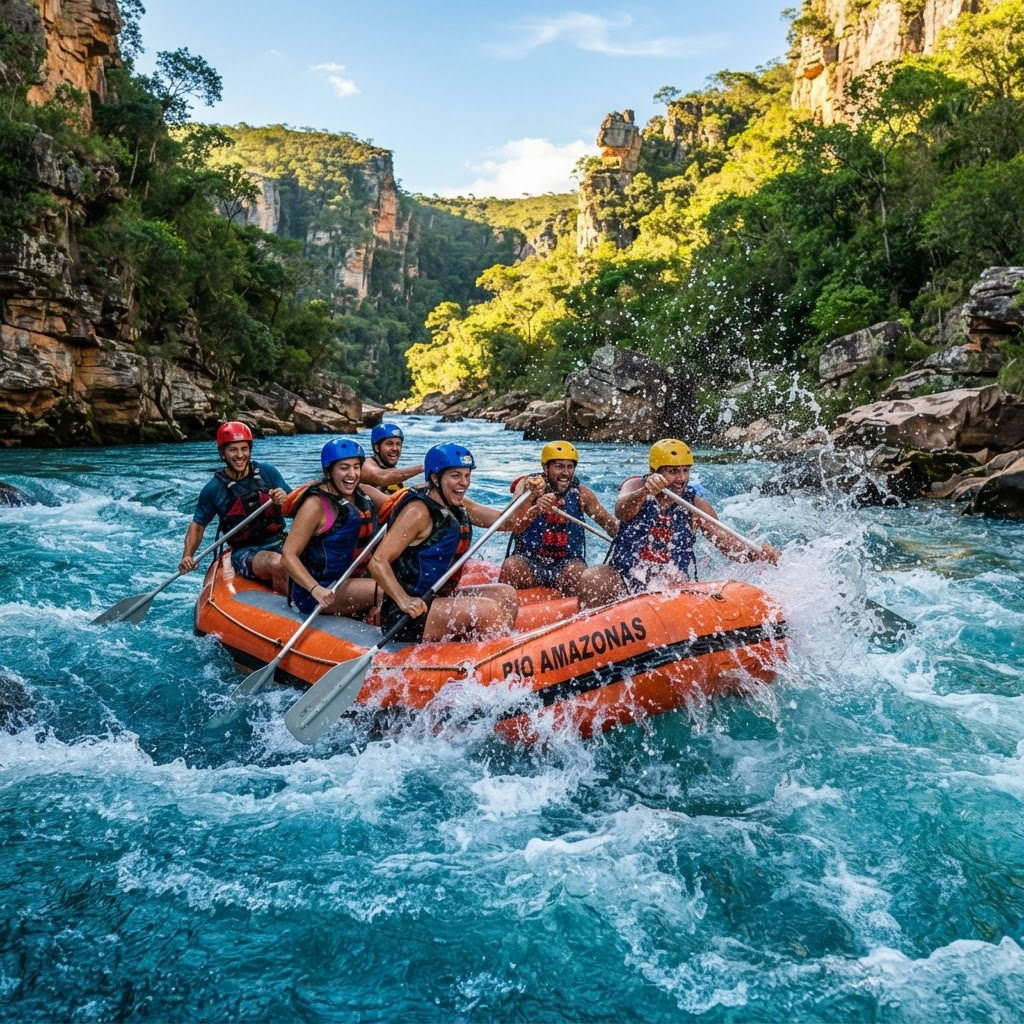 Grupo praticando rafting em corredeiras de águas azuis no Brasil com equipamentos de segurança