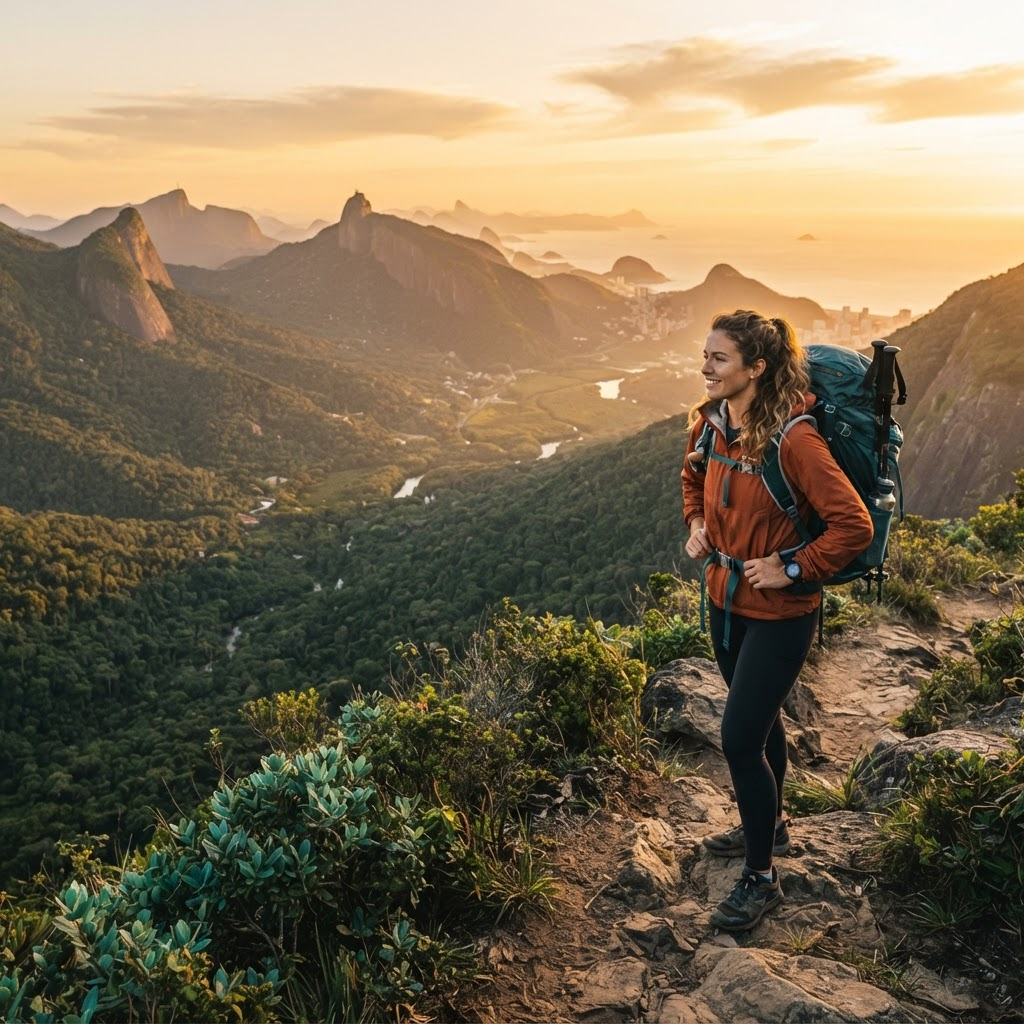 Aventureiro no topo de uma trilha de montanha no Brasil ao pôr do sol